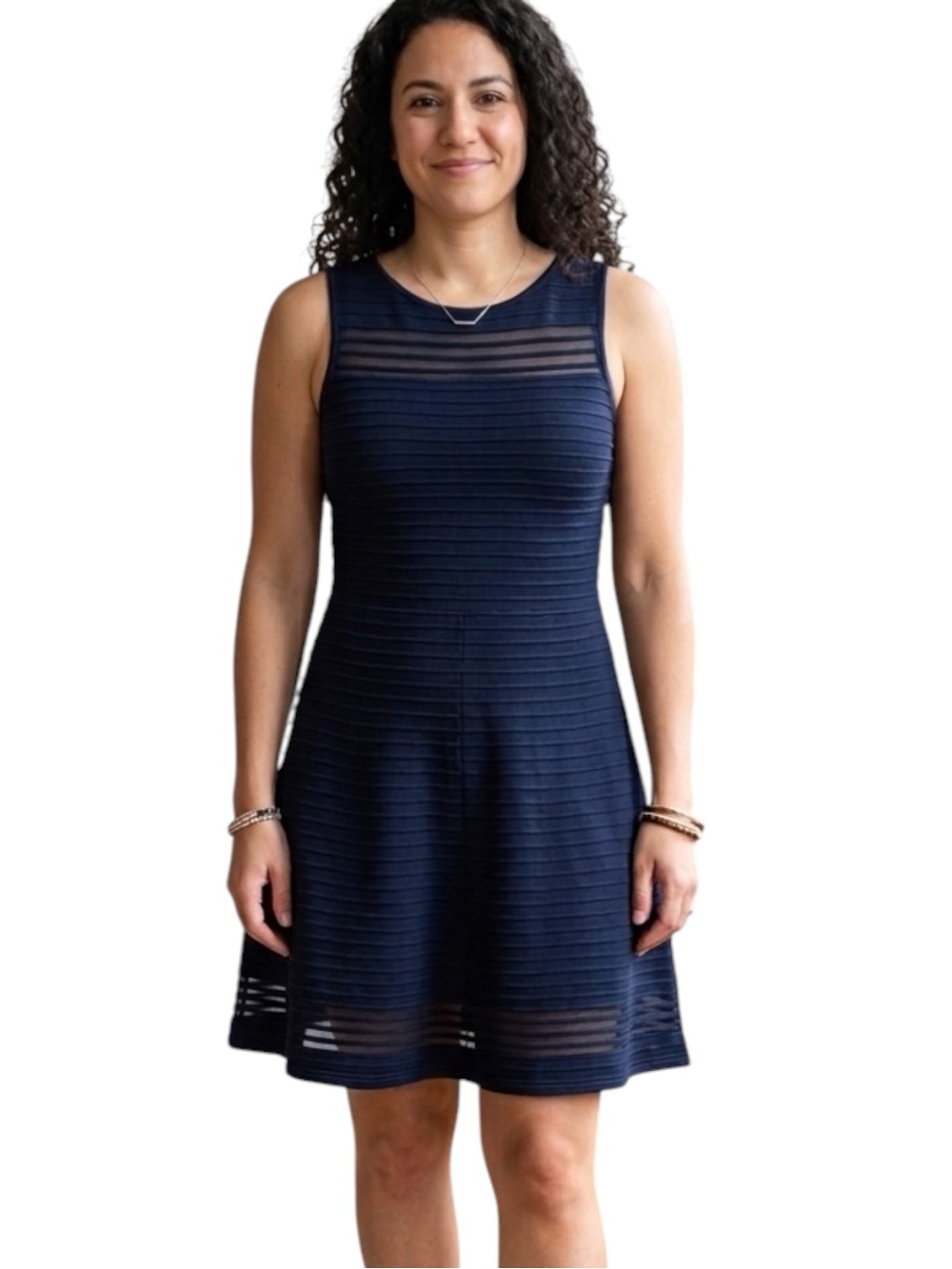 French Connection Navy Blue Mesh Illusion Ribbed Fit & Flare Mini Dress Sz 8